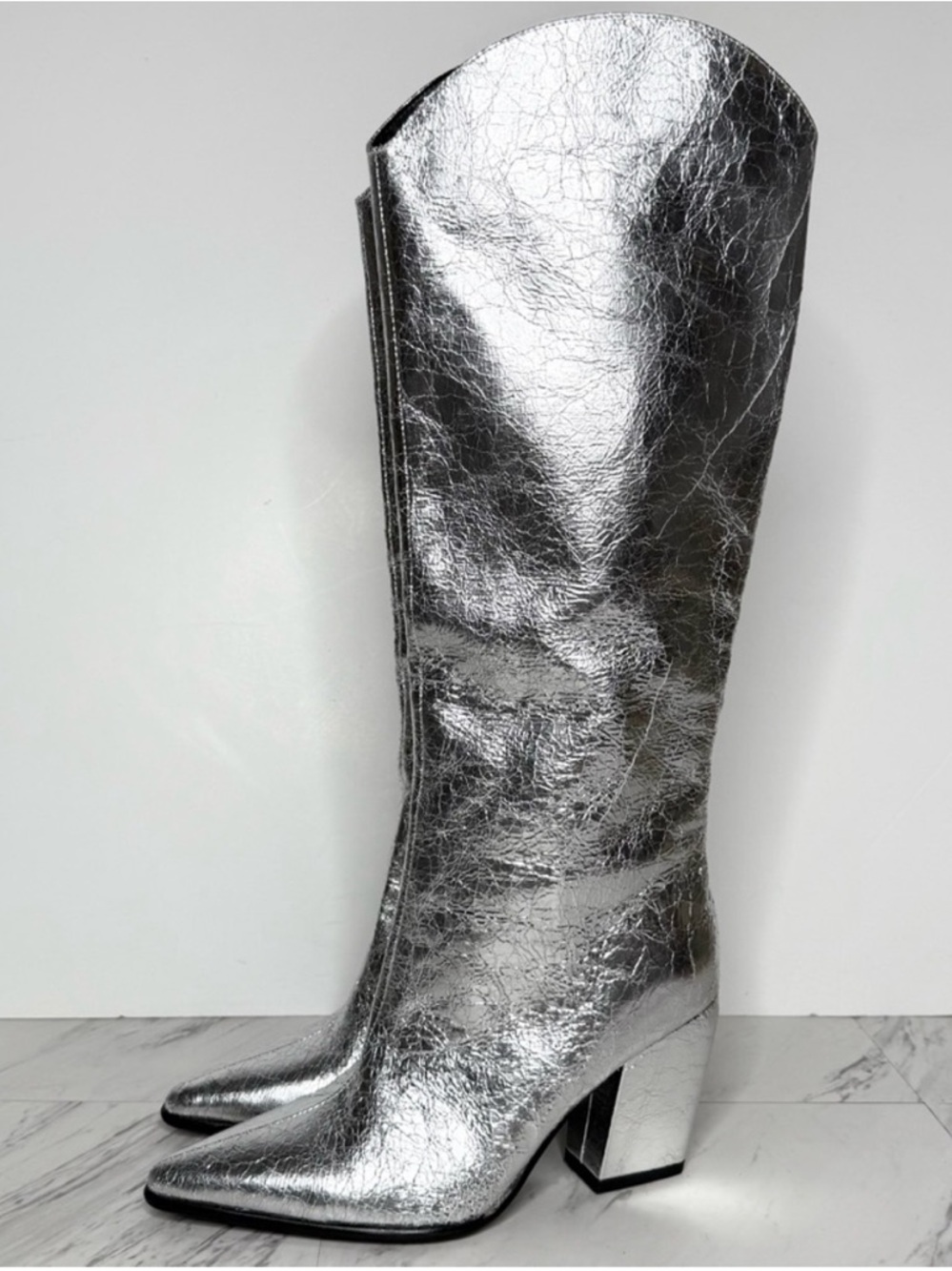 New! Steve Madden Croft Silver Pointy Toe Tall Boot 8 1/2 M